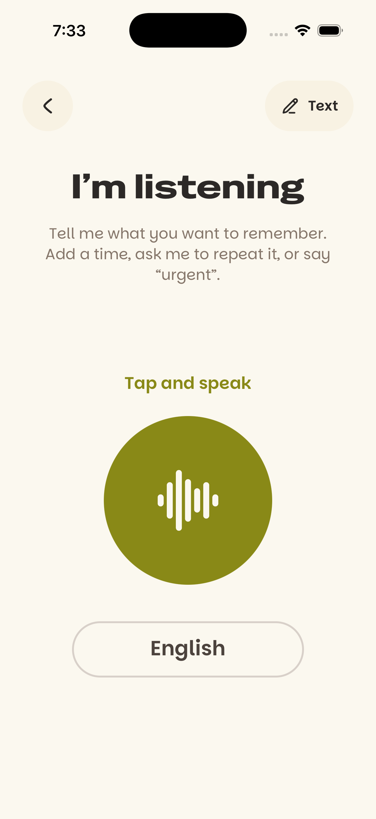 Real Nuuar screen listening for a voice reminder in English.
