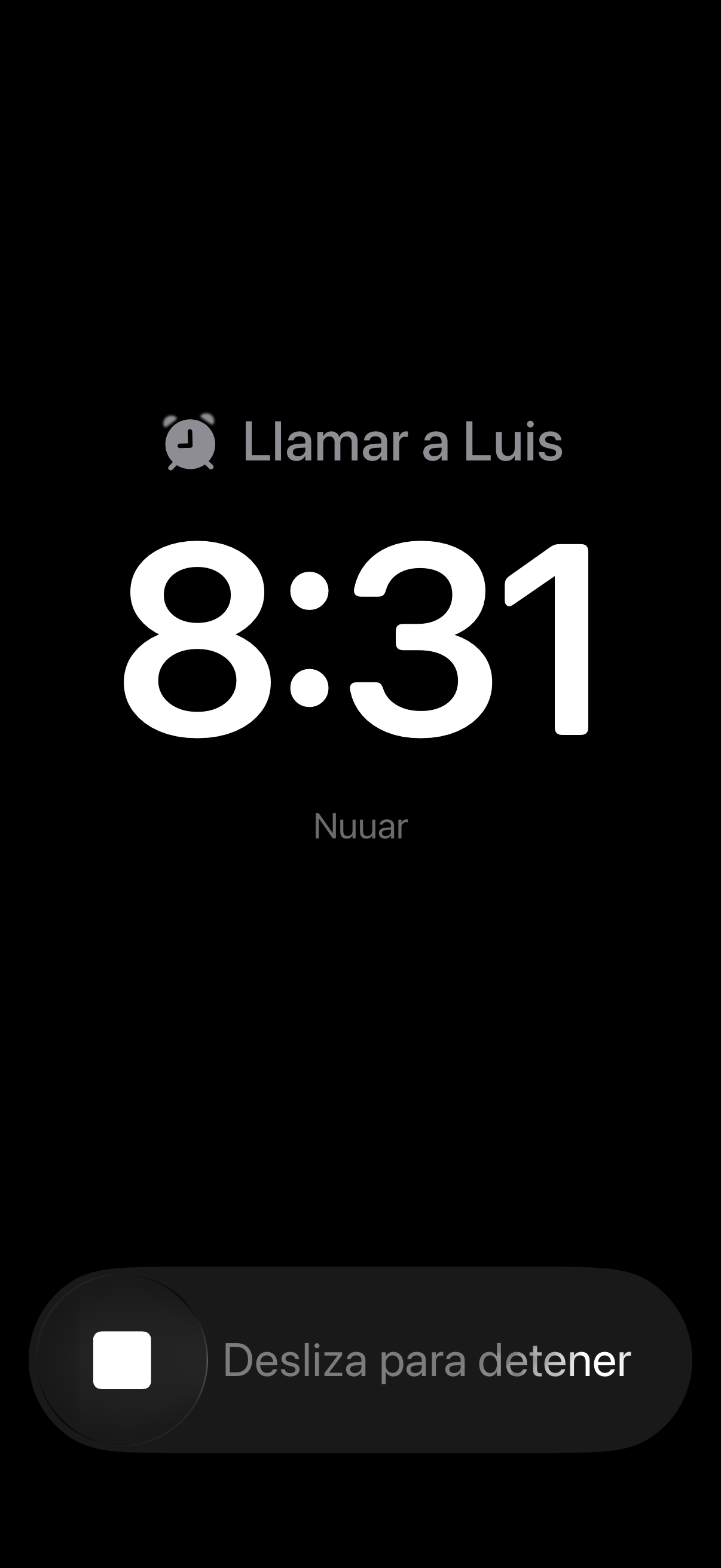 Pantalla de alarma de Nuuar para un recordatorio urgente.