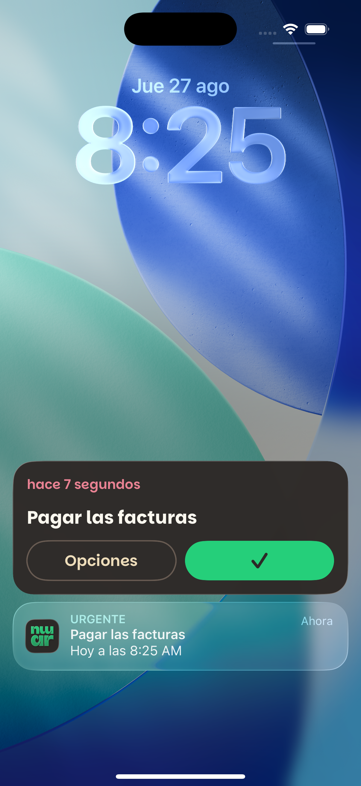 Pantalla bloqueada de un iPhone mostrando un recordatorio de Nuuar.