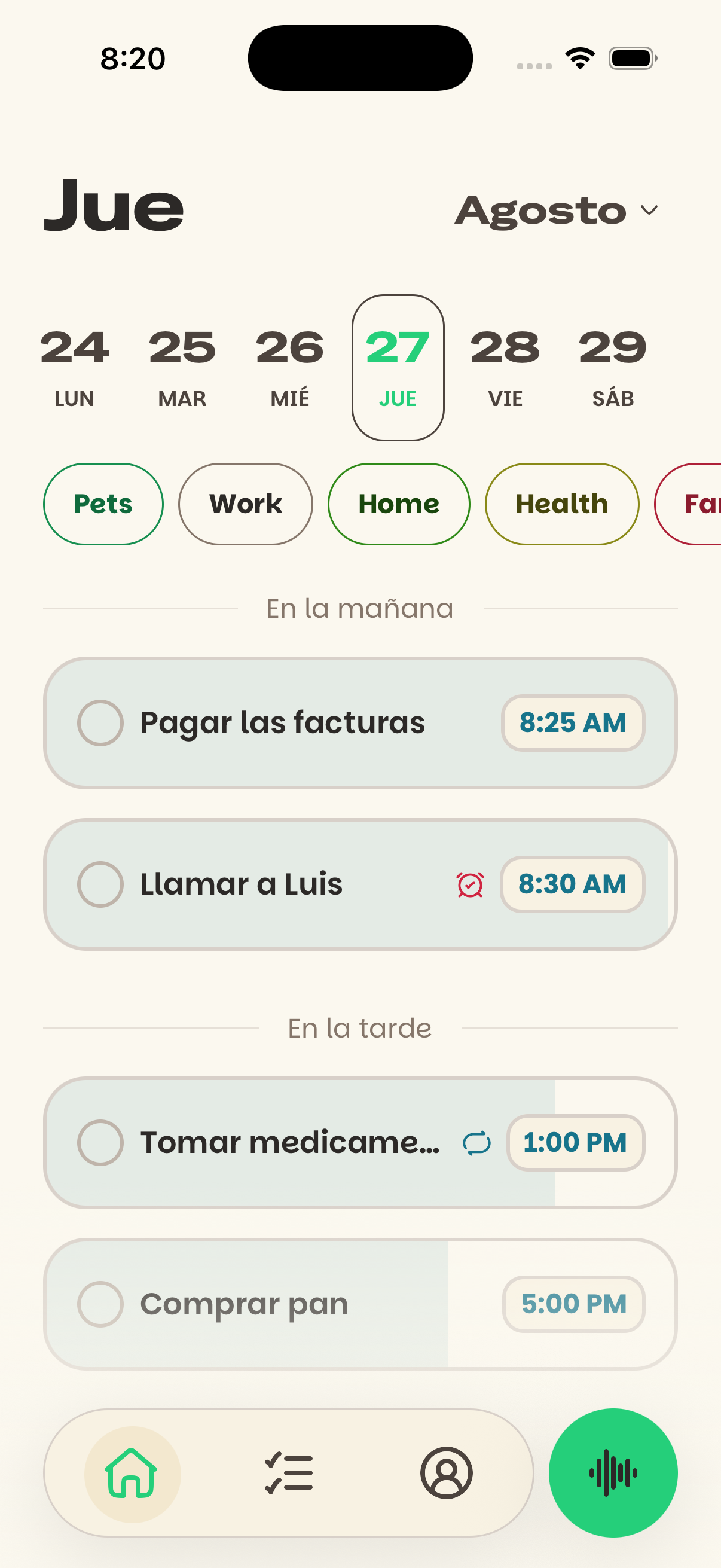Pantalla real de Nuuar con los recordatorios del día organizados por hora.