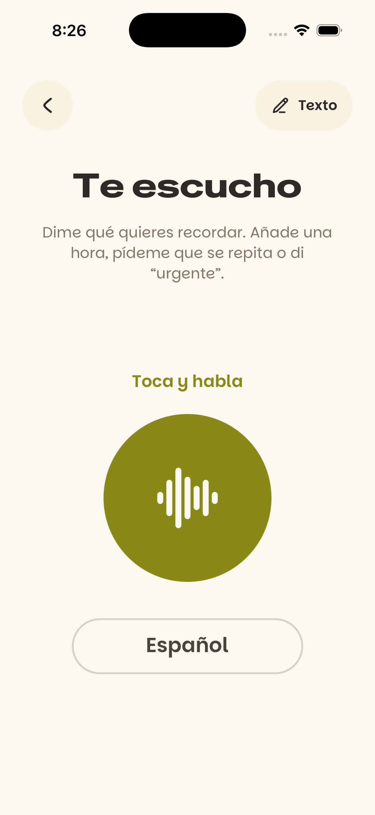 Pantalla real de Nuuar escuchando un recordatorio por voz en español.